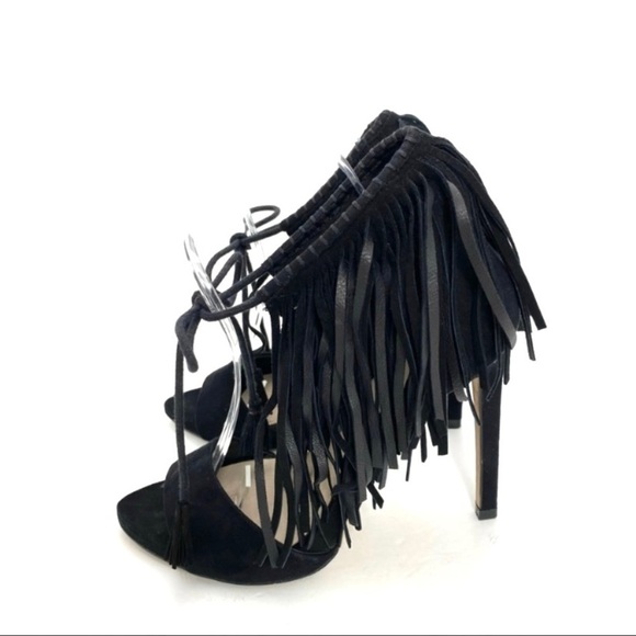 Zara Suede Ankle Fringe Lace tie High Heel Sandals in Black - Picture 4 of 9
